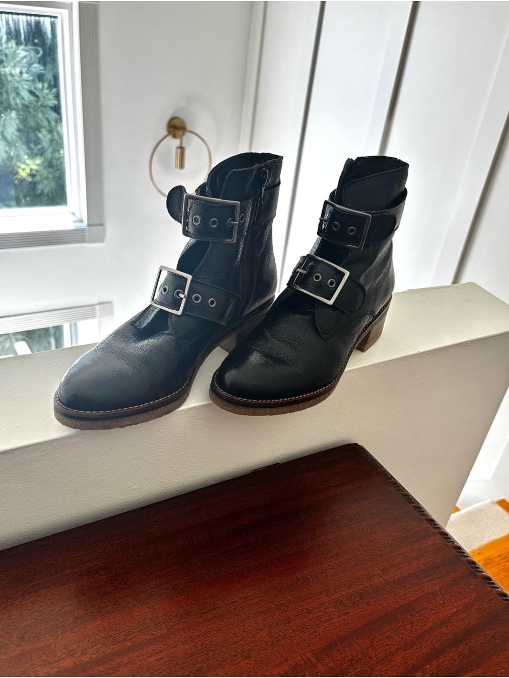 Eric Michael Black Leather “Justina” Buckle Ankle Boots